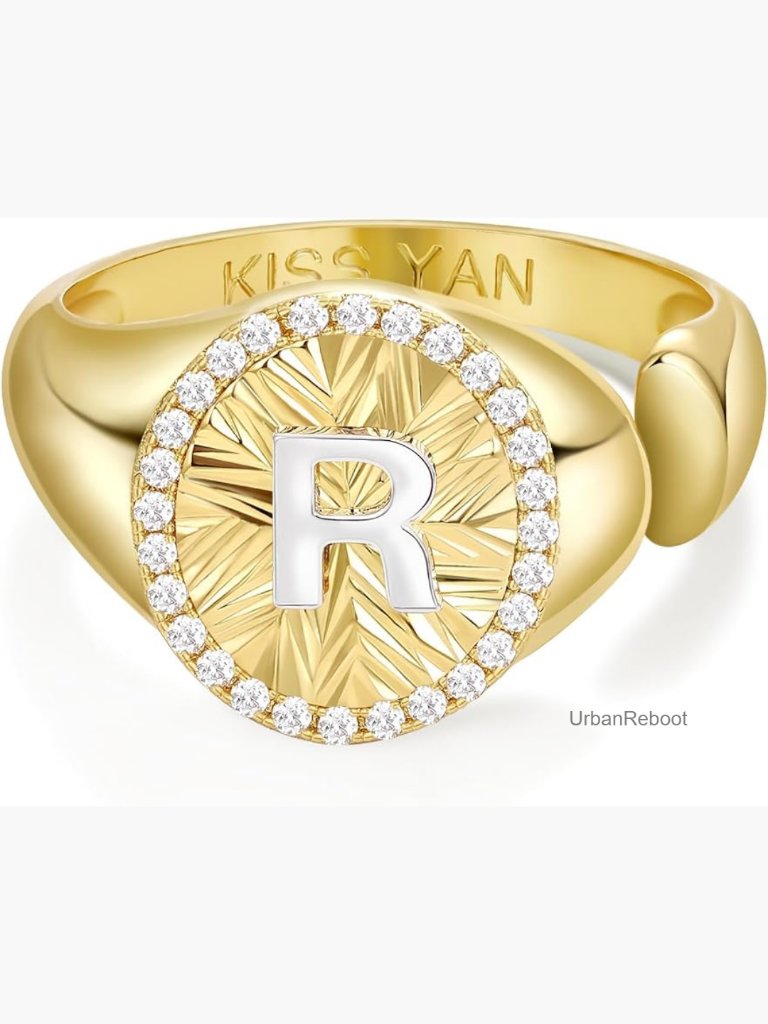 Adjustable 14k Gold Plated Cz Halo Monogram Signet Ring